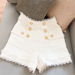 Balmain Tweed Gold-Tone Buttons White High
Waisted Shorts